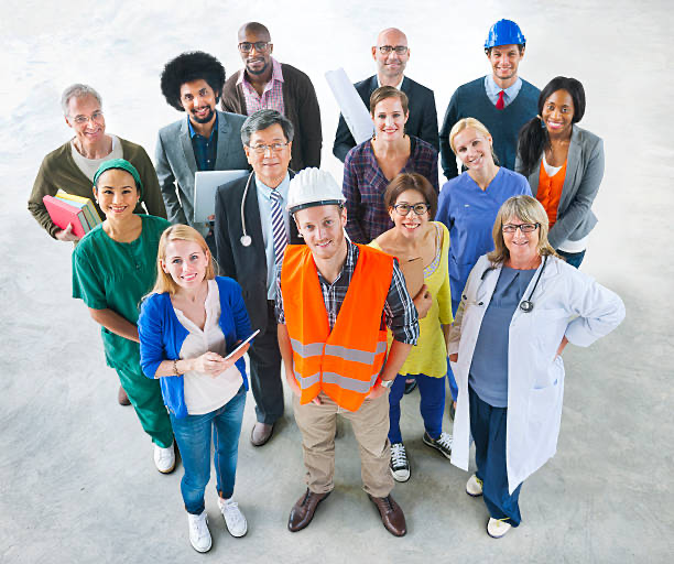 Diverse group of professionals in healthcare, construction, trades, and office careers smiling together
